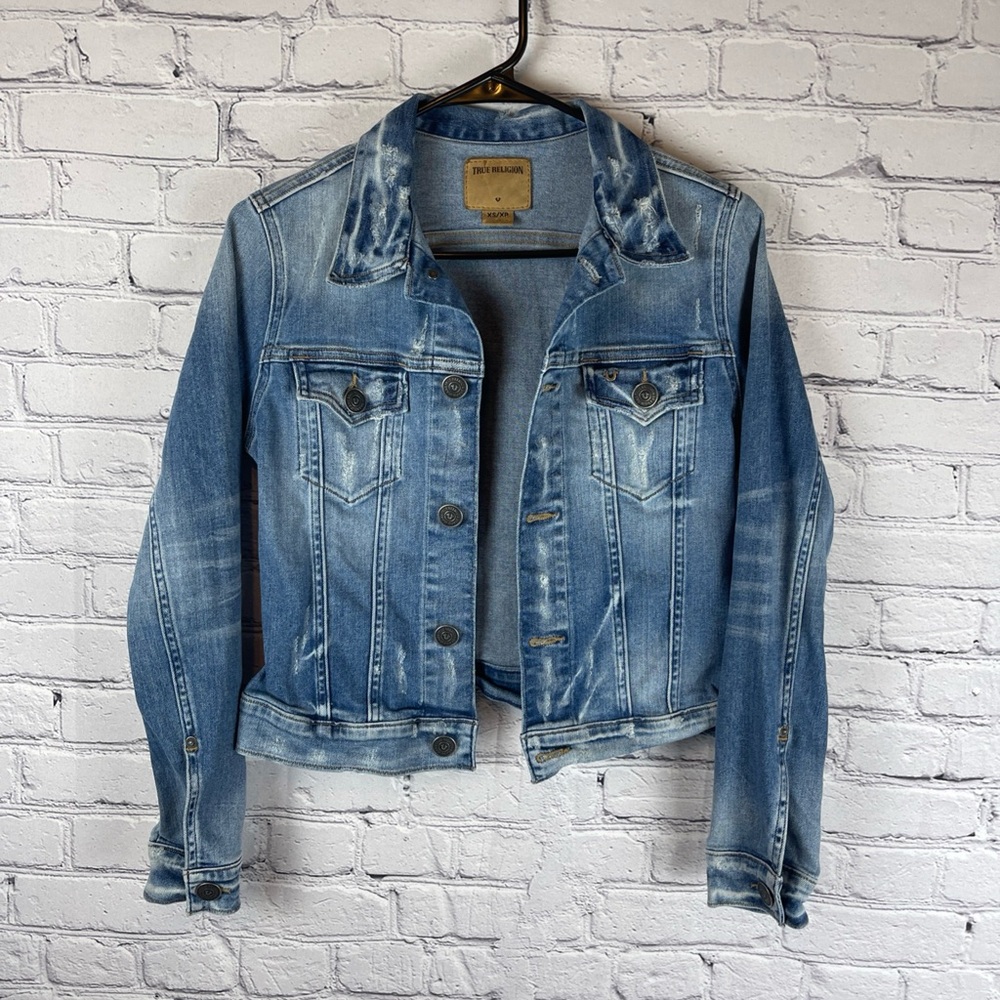 True Religion World Tour‎ Denim Jean Jacket Women’s XS Distressed Trucker